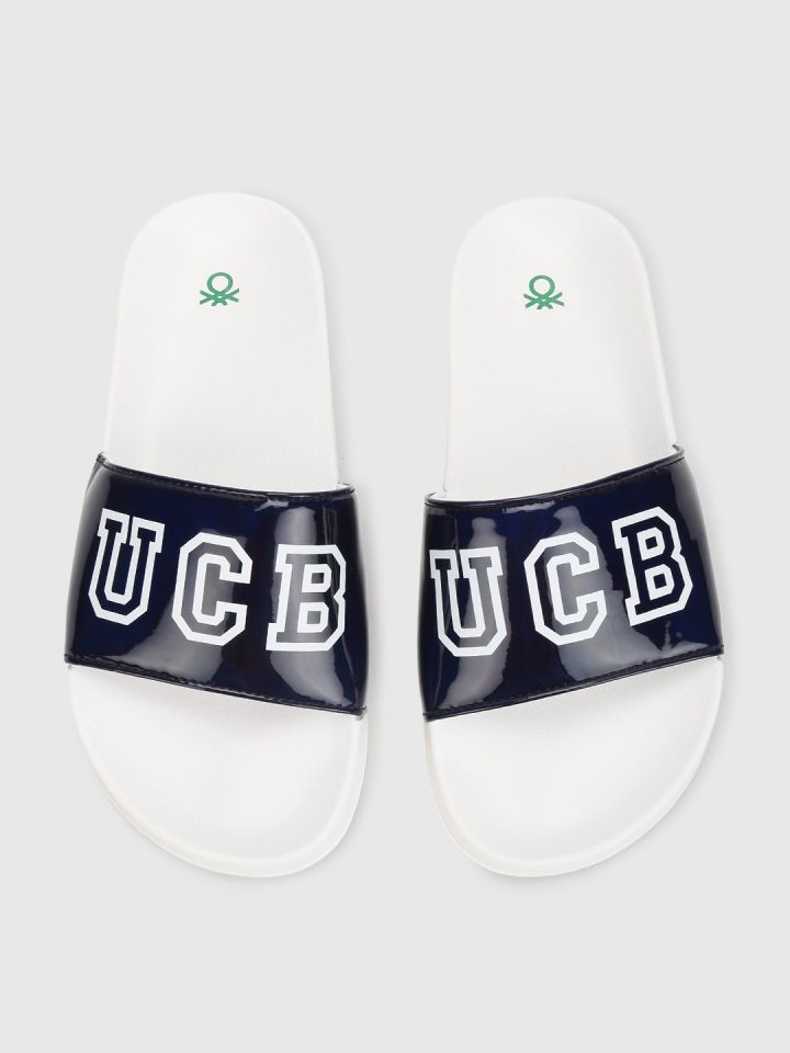 United Colors of Benetton Women White Navy Blue Printed Sliders