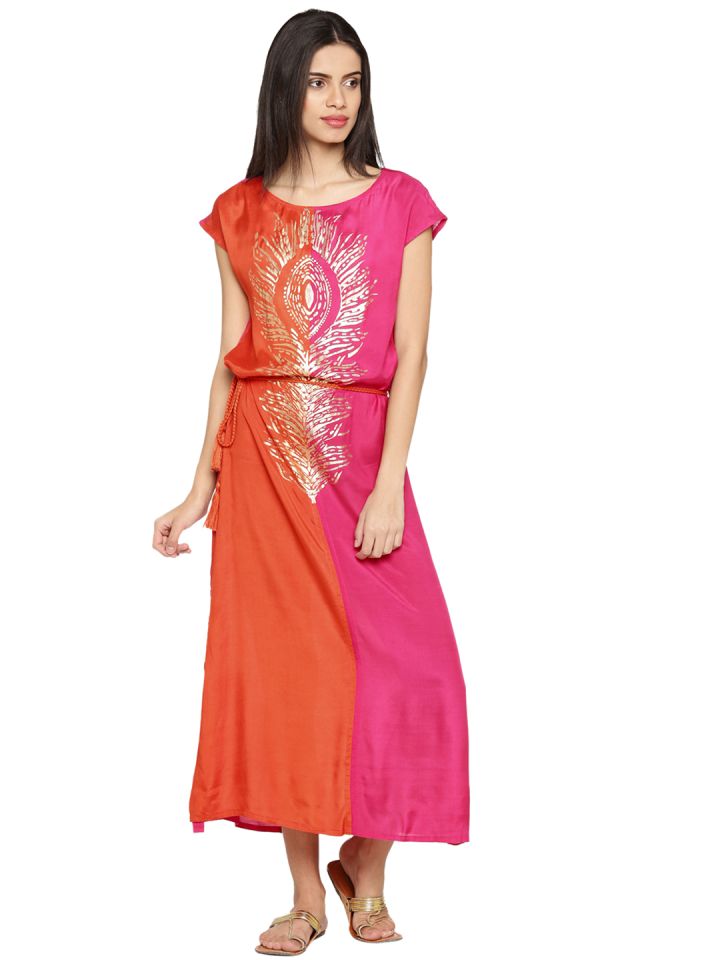 AKKRITI BY PANTALOONS Women Orange Pink Colourblocked Maxi Dress
