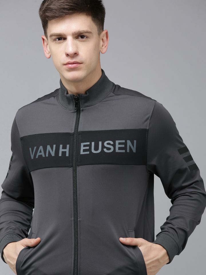 Van Heusen Flex Men Grey Brand Logo Print Knitted Active Fit Training Jacket