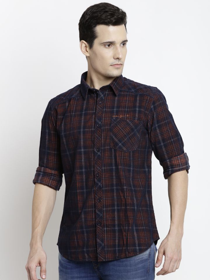 Buy Duke Men Navy Blue Orange Checked Corduroy Shirt Shirts