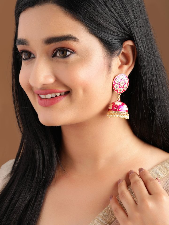 Buy Rubans Magenta Gold Toned Hand Painted Floral Jhumkas