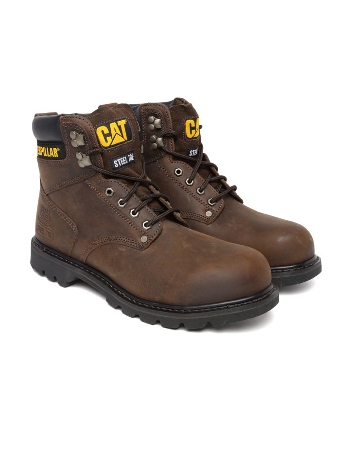 CAT Men Brown Solid Leather High Top Flat Boots