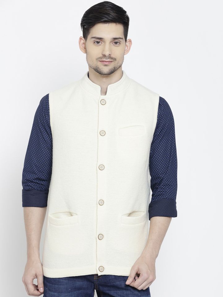 ColorPlus Off White Merino Wool Nehru Jacket