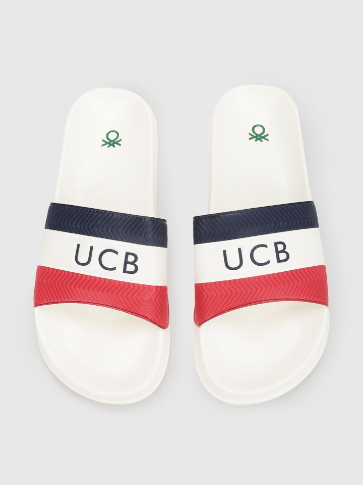 Buy United Colors Of Benetton Men White Red Striped Sliders