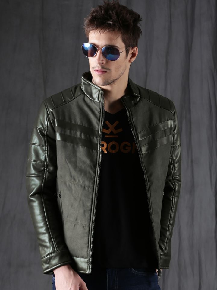 Men's olive leather jacket shop