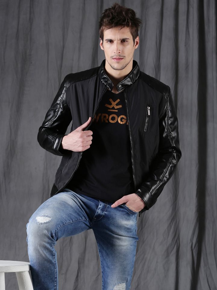 Buy WROGN Men Black Solid Biker Jacket 