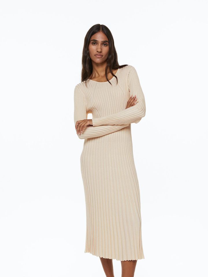 Wool Blend Ribbed Knitted Maxi Skirt Offwhite