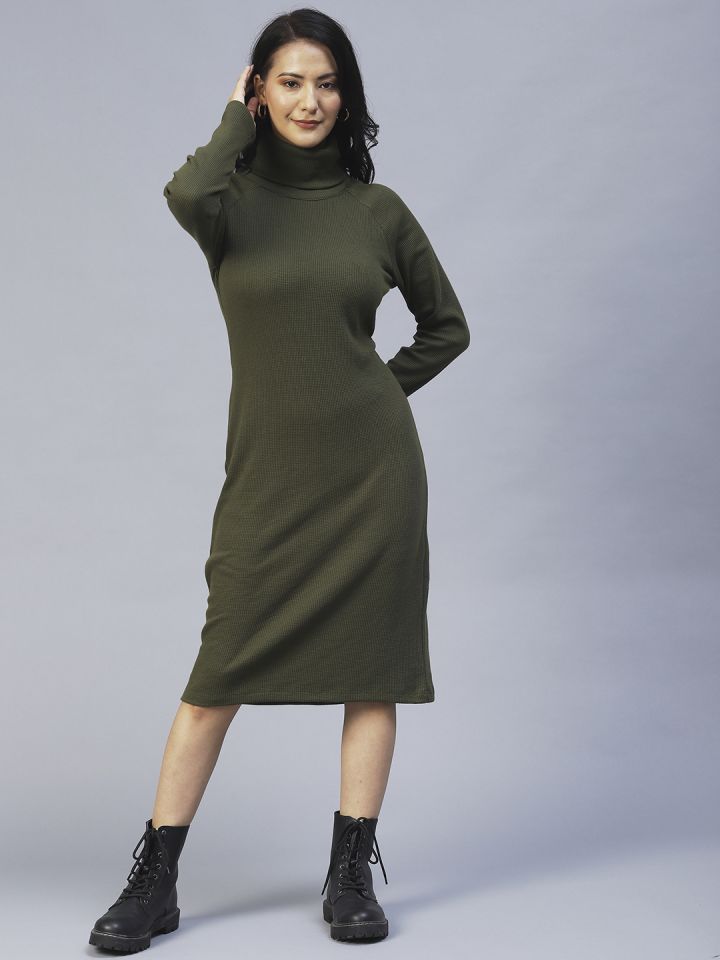 Rigo Olive Green High Neck Waffle Knit Cotton Jumper Dress