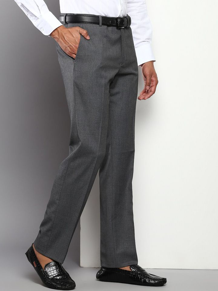 Men Charcoal Mid-Rise Cotton Formal Trousers –