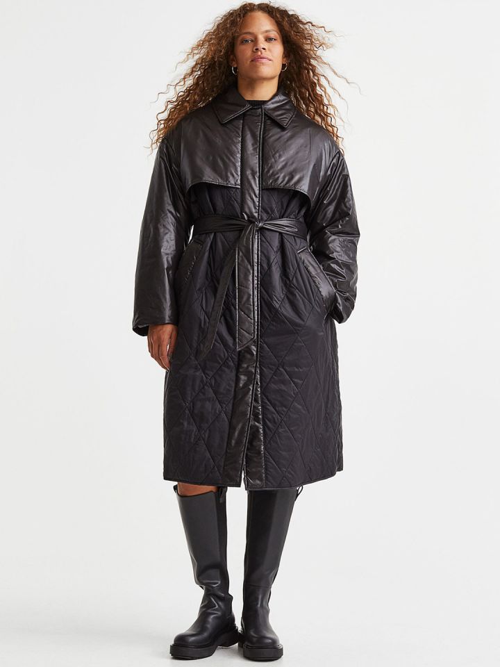 H M Women Black Oversized Quilted Coat