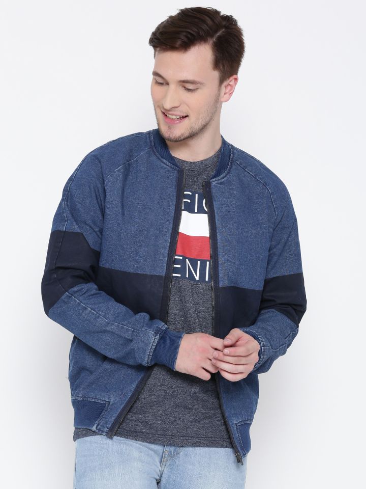 Tommy Hilfiger Men Blue Colourblocked Denim Bomber Jacket