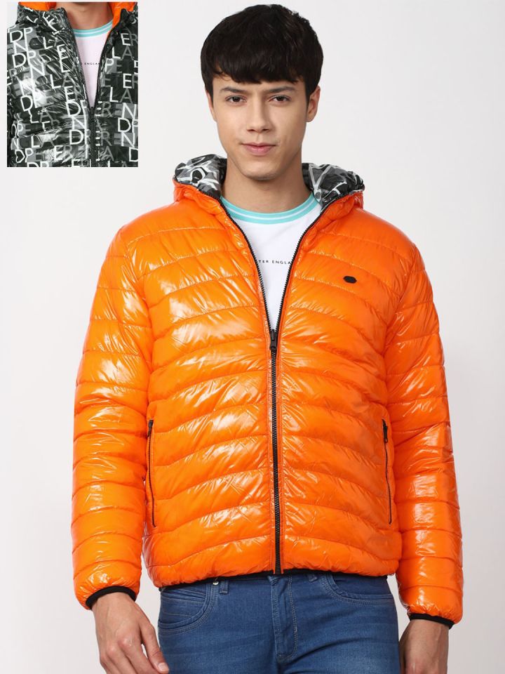 Peter England Casuals Men Orange Black Hooded Reversible Puffer Jacket
