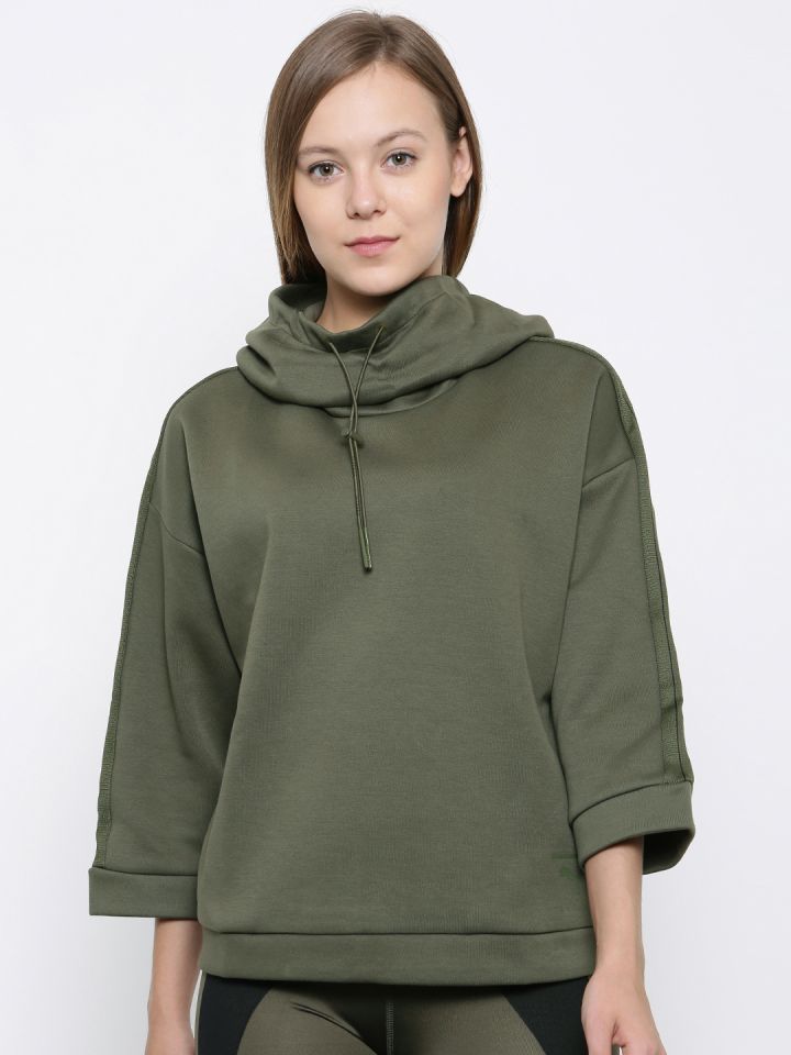Puma Women Olive Green Black Colourblocked Hooded Sweatshirt