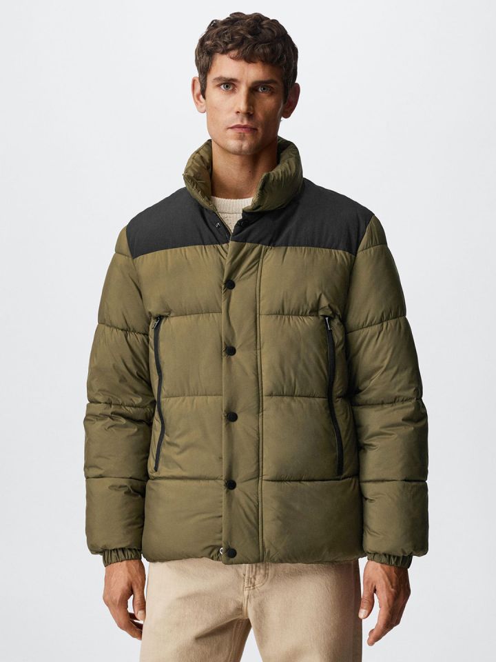 MANGO MAN Olive Green Solid Water Resistant Sustainable Padded Jacket