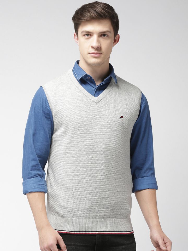 Buy Tommy Hilfiger Men Grey Self Design Sweater Vest Sweaters