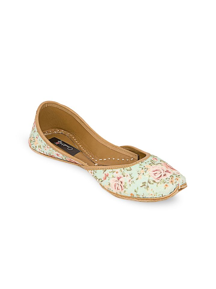 Buy Coral Haze Women Turquoise Blue Printed Synthetic Juttis
