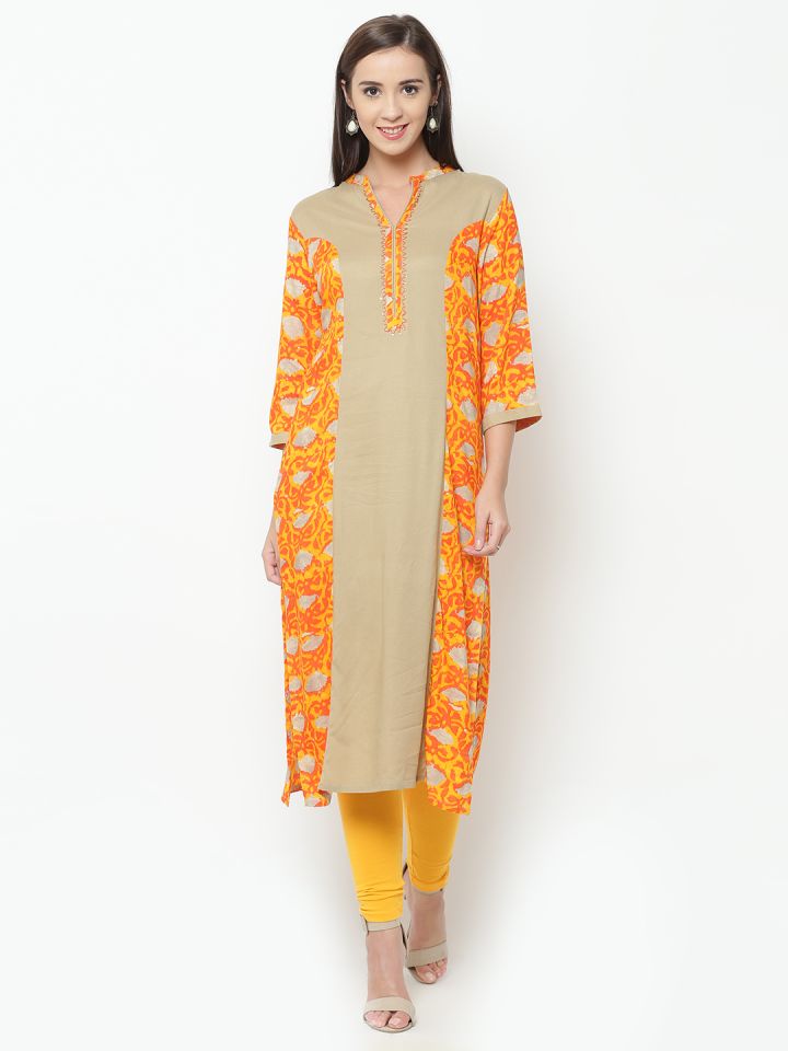 Buy Shree Women Yellow & Orange Printed Straight Kurta - Kurtas for Women  2086714