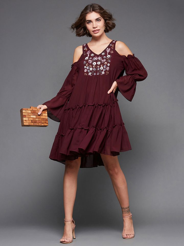 Maroon cold sales shoulder dress