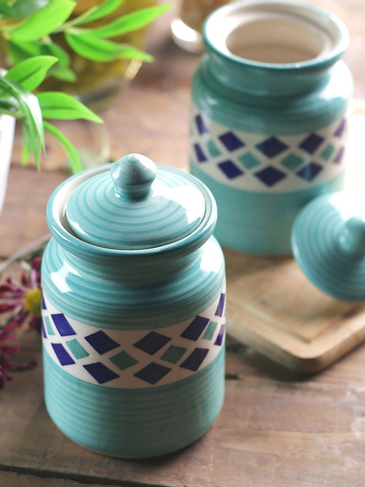 Buy Vareesha Green Set Of 2 Printed Multipurpose Ceramic Storage