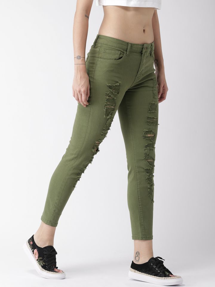 FOREVER 21 Women Olive Green Mid Rise Highly Distressed Stretchable Ankle Length Jeans