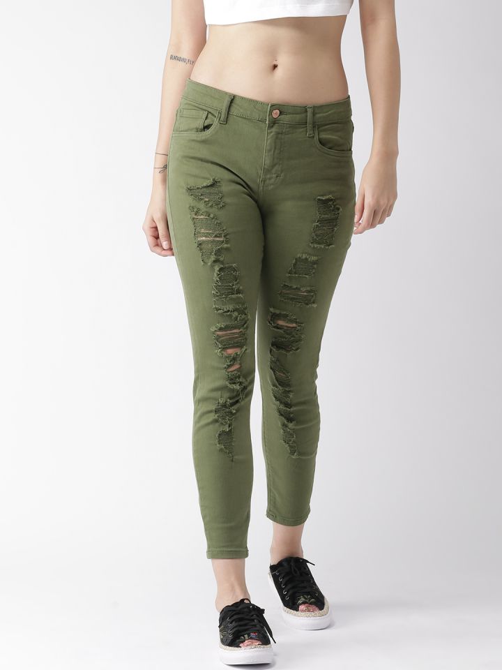 Distressed olive green jeans cheap