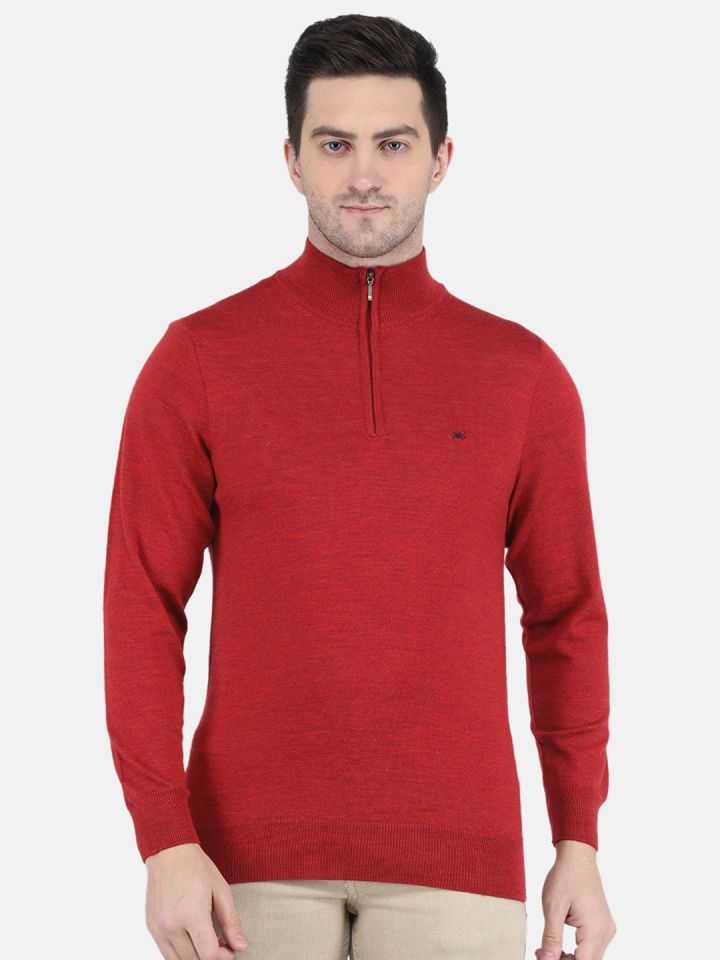 Monte Carlo Men Red Woolen Pullover with Zip Detail