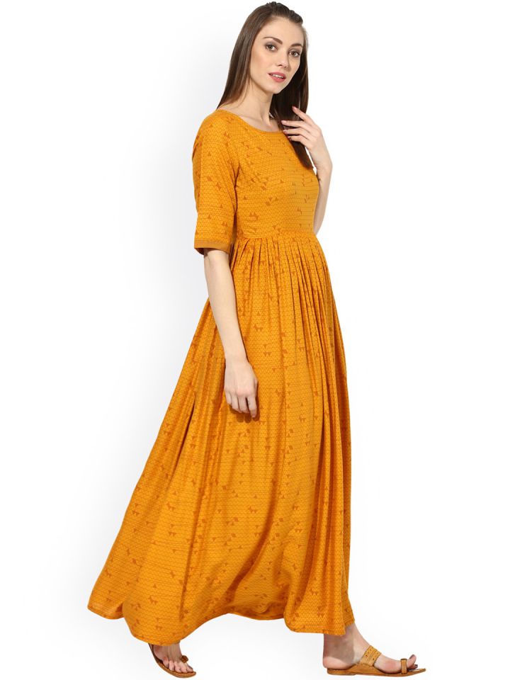 Aks mustard yellow online printed maxi dress