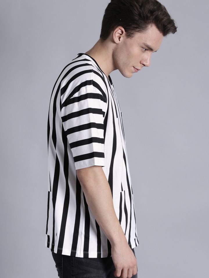Kook N Keech Men Black Striped Oversized Longline T-shirt