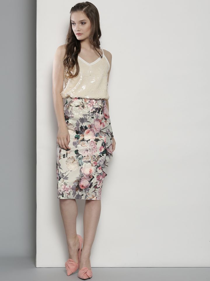 Floral pencil skirt beige store
