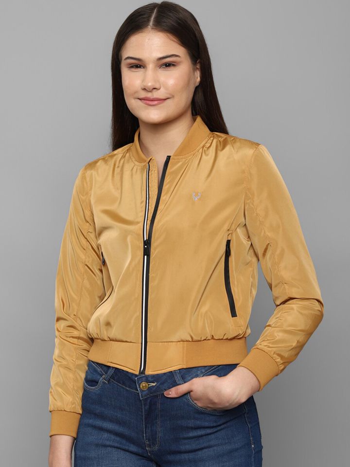 Buy Allen Solly Woman Women Khaki Cotton Solid Crop Bomber Jacket