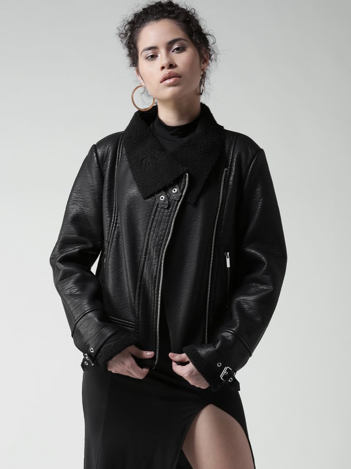 Buy FOREVER 21 Women Black Solid Asymmetric Closure Biker Jacket