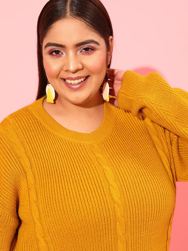 Buy CURVY STREET Plus Size Women Mustard Cable Knit Acrylic