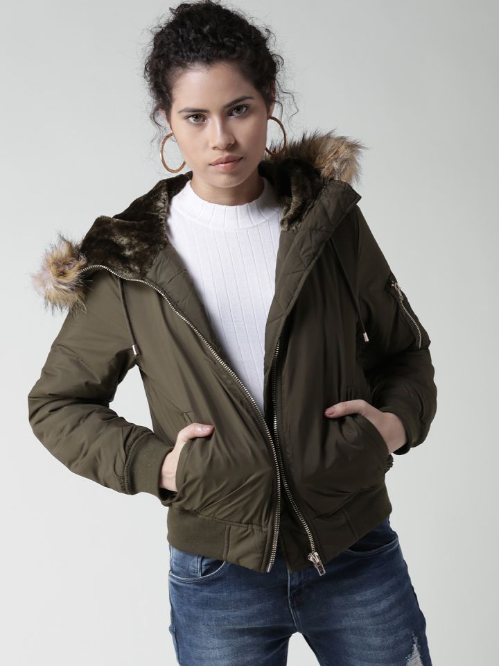 Olive green jacket with fur hood sales