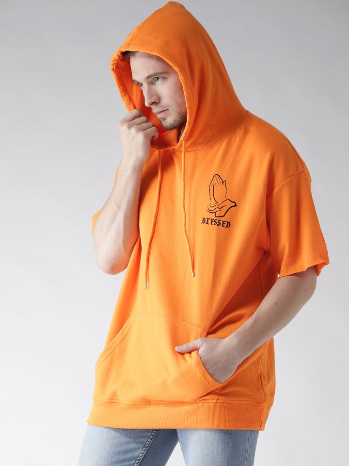 FOREVER 21 Men Orange Solid Hooded Sweatshirt