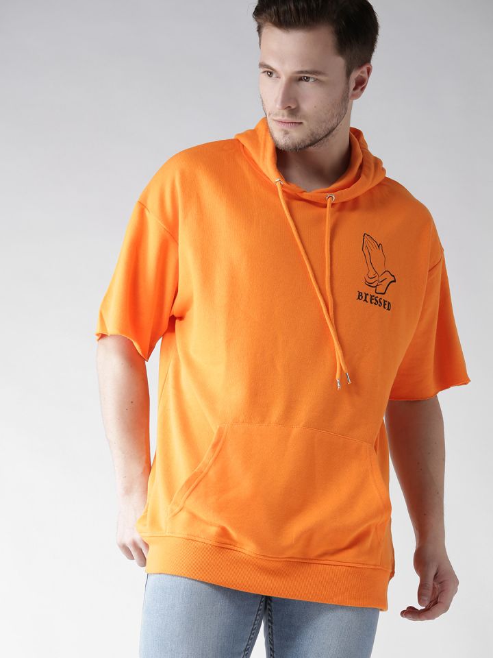 FOREVER 21 Men Orange Solid Hooded Sweatshirt