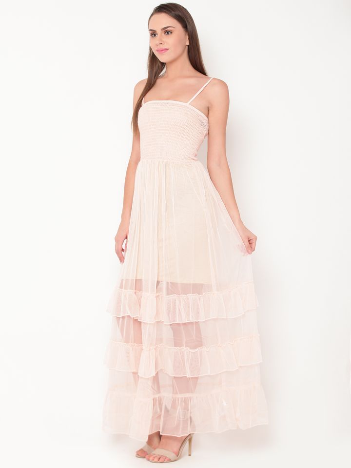 Buy FOREVER 21 Women Peach Coloured Solid Semi Sheer Tiered Maxi
