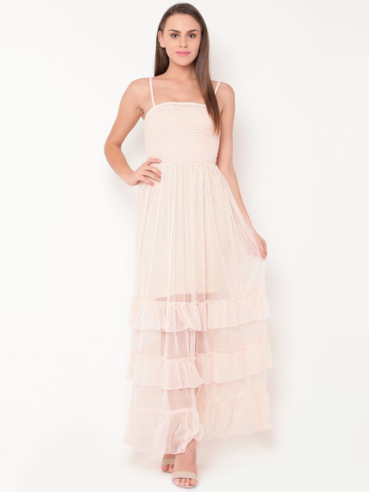 Buy FOREVER 21 Women Peach Coloured Solid Semi Sheer Tiered Maxi