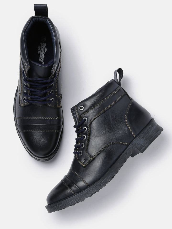Roadster Men Navy Blue Solid Synthetic Flat Boots