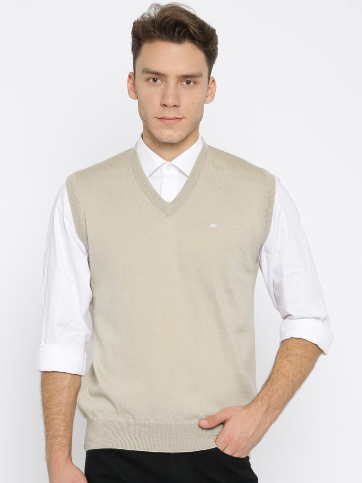 Monte Carlo Men Beige Solid Woollen Sweater Vest
