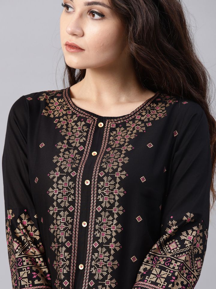 Buy Vishudh Women Black Golden Printed Straight Kurta Kurtas