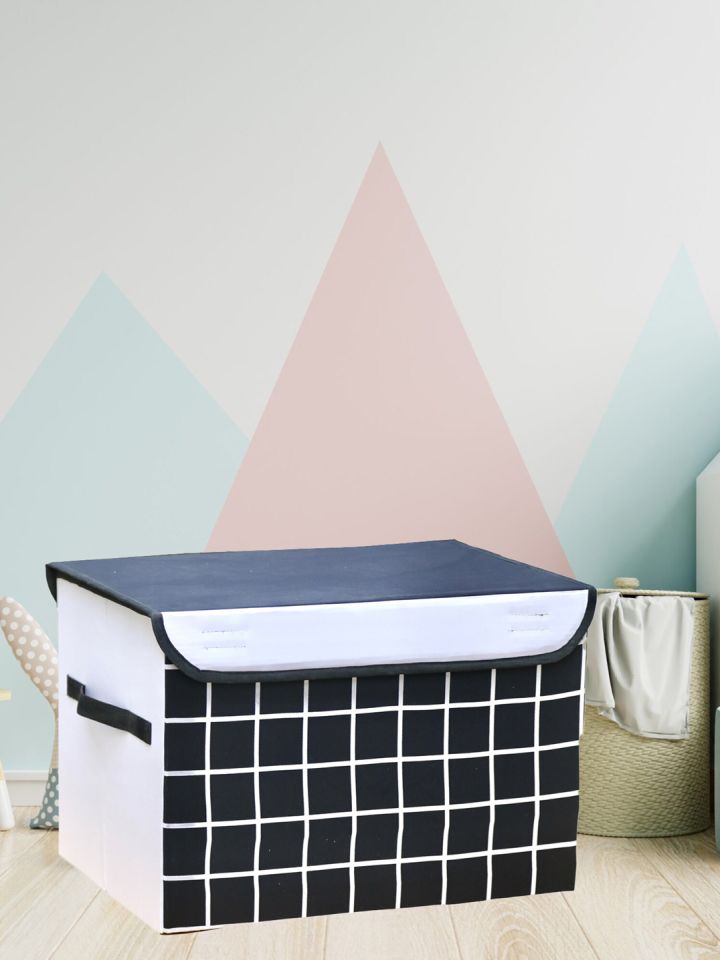 My Gift Booth Kids Black White Checked Cotton Collapsible Toy Storage Box