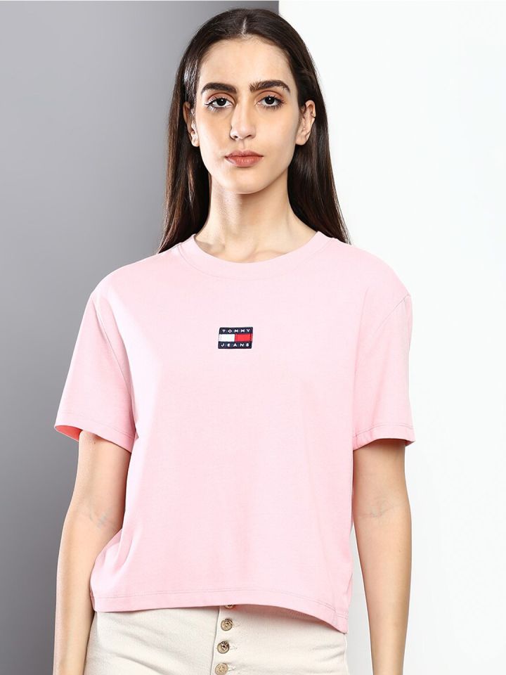 Tommy Hilfiger Women Pink Navy Blue Typography T shirt