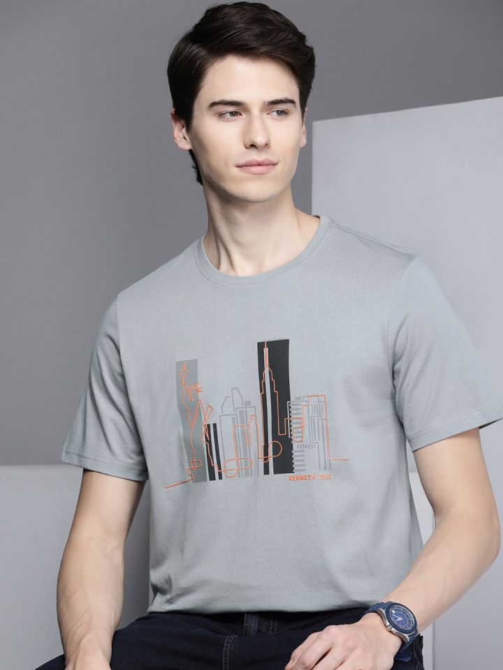 Buy Kenneth Cole Signature Tee Men Pure Grey Cotton Printed Round