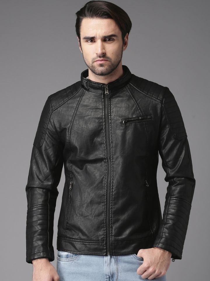 HERE NOW Men Black Solid Biker Jacket