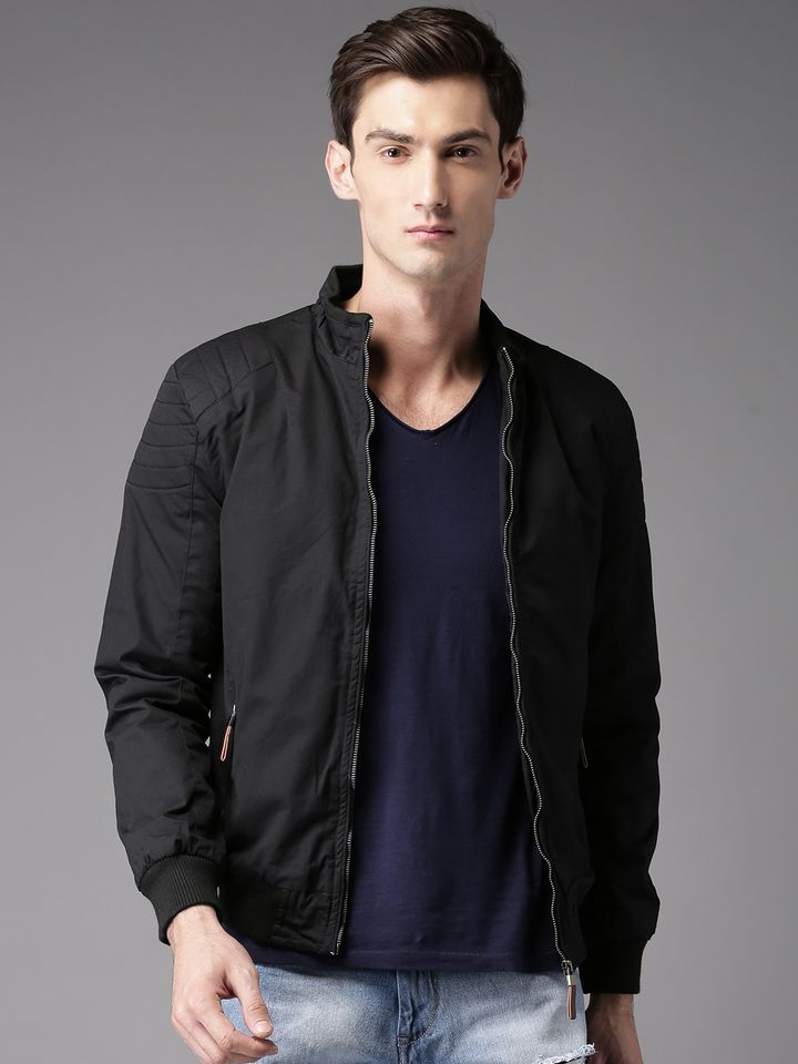 Buy HERE\u0026NOW Men Black Solid Bomber 