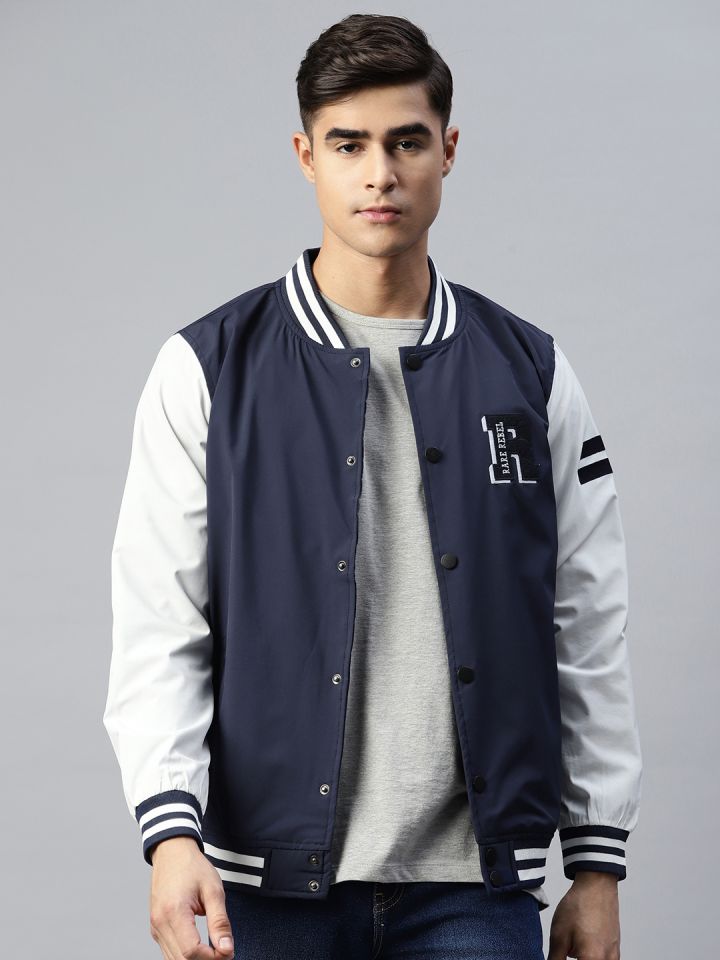 Pierre Carlo Men Navy Blue White Typography Varsity Jacket