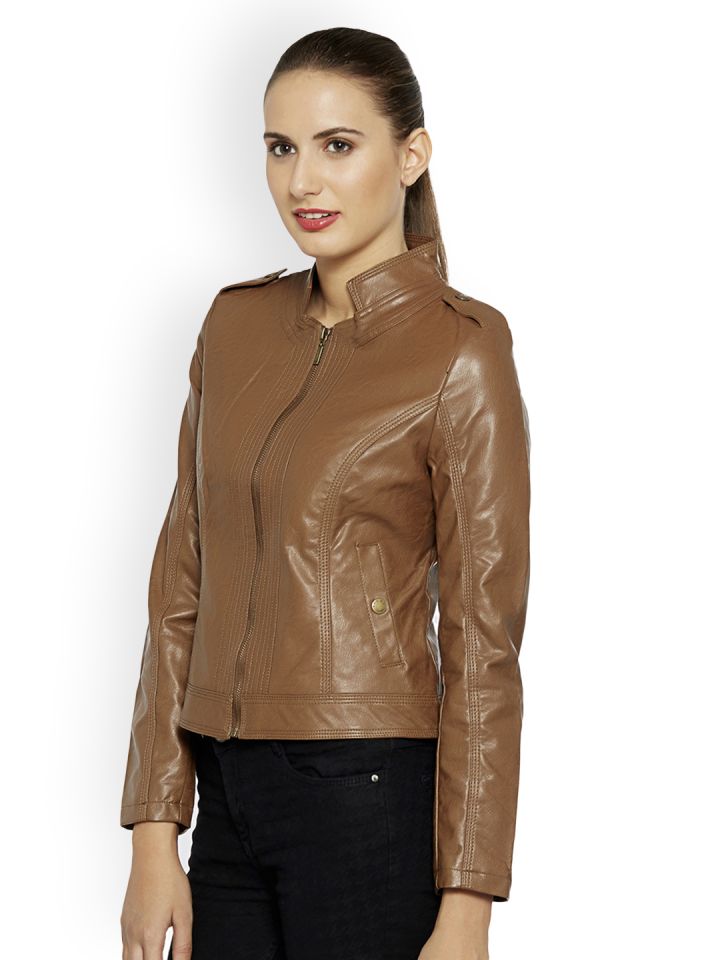 Kraus Jeans Women Tan Brown Solid Biker Jacket