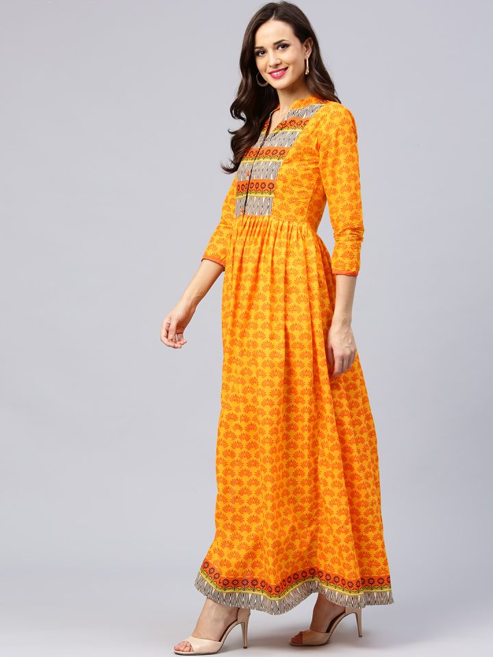 Aks mustard yellow printed maxi dress sale
