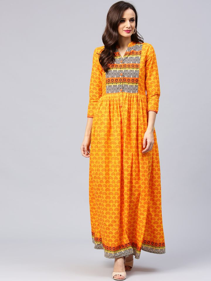 aks mustard yellow printed maxi dress