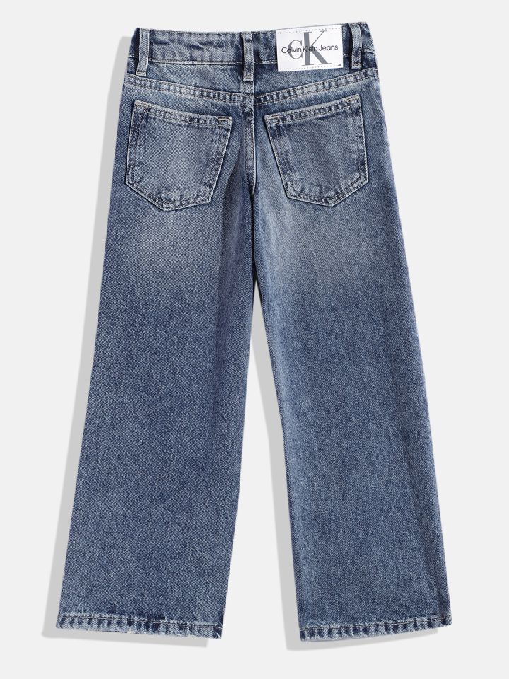 Calvin Klein Jeans Girls Wide Leg Mid Rise Clean Look Light Fade Pure Cotton Jeans